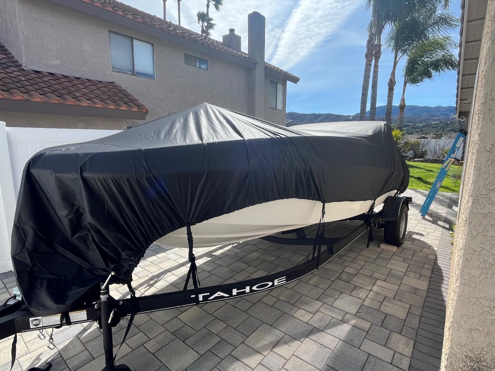 Mancro Boat Cover, 17-19ft Waterproof Trailerable Boat Cover, Heavy Duty UV Resistant Marine Grade Outboard Cover Compatible for Bass Boat, Fits Bayliner Tri-Hull V-Hull Fishing Runabout Boat, Black - Customer Photo 2