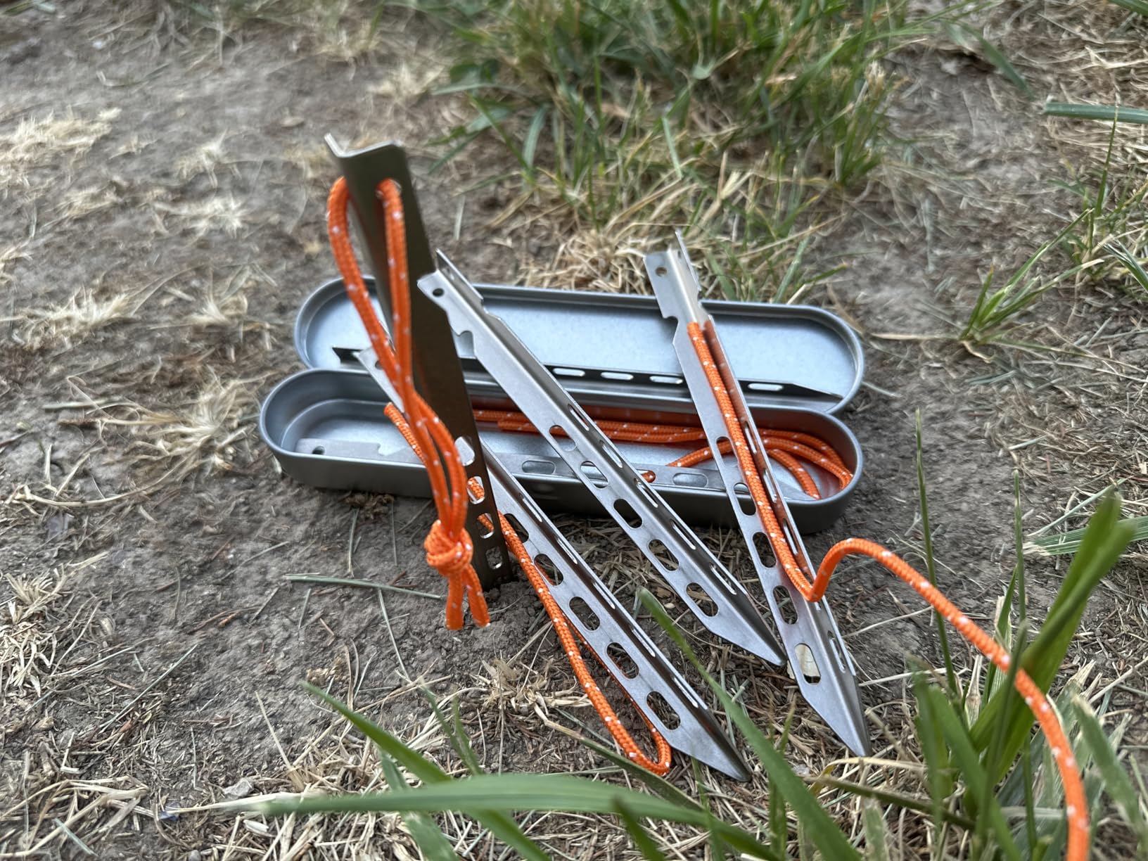 Ultralight Titanium Tent Stakes 6 Pack - V-Shaped Tent Pegs with Reflective Pull Cords - Customer Photo 1