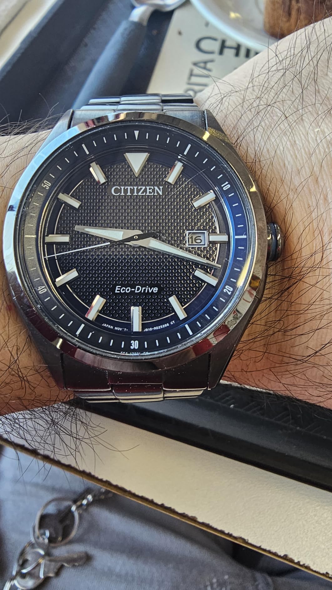 Citizen Men's Eco-Drive Weekender 3-Hand Date Watch in Black IP Stainless Steel, Blue Dial (Model: AW1147-52L) - Customer Photo 1
