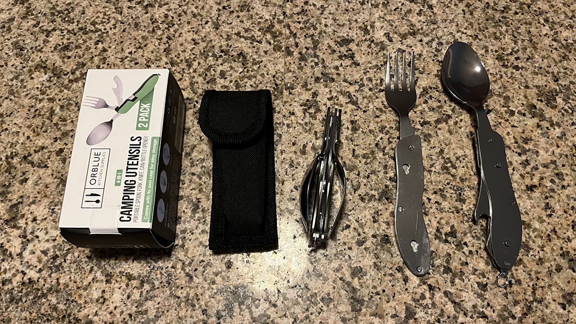 Orblue 4-in-1 Camping Utensils, 2-Pack - Portable Stainless Steel Spoon, Fork, Knife & Bottle Opener Combo Set - Travel, Backpacking Cutlery Multitool, Gray - Customer Photo 1