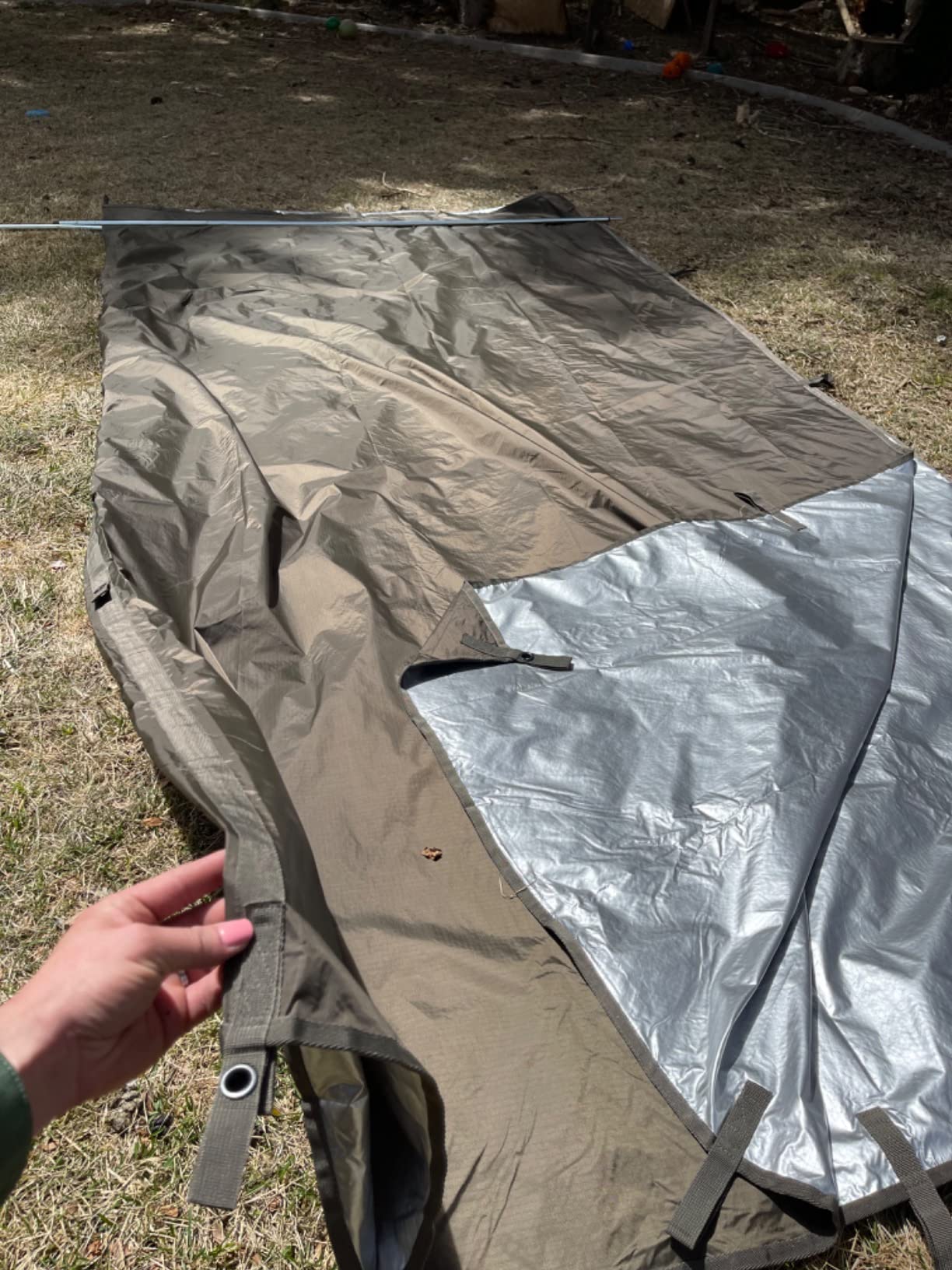 Texas Bushcraft Emergency Camping Tarp, Waterproof 10x10 Emergency Shelter for Backpacking and Hiking, 70D Ripstop Nylon Survival Tarp with Reflective Aluminized Polymer and Loop Ties with Grommets - Customer Photo 2
