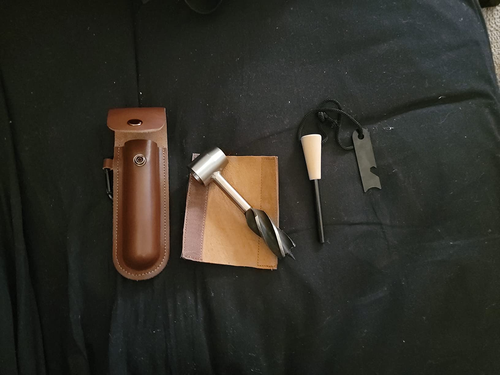Bushcraft Gear for Survival Settlers Bushscraft Hand Auger Wrench with Flint Scotch Eye Wood Drill Peg and Manual Hole Maker Multitool with leather Case Camping brown - Customer Photo 5