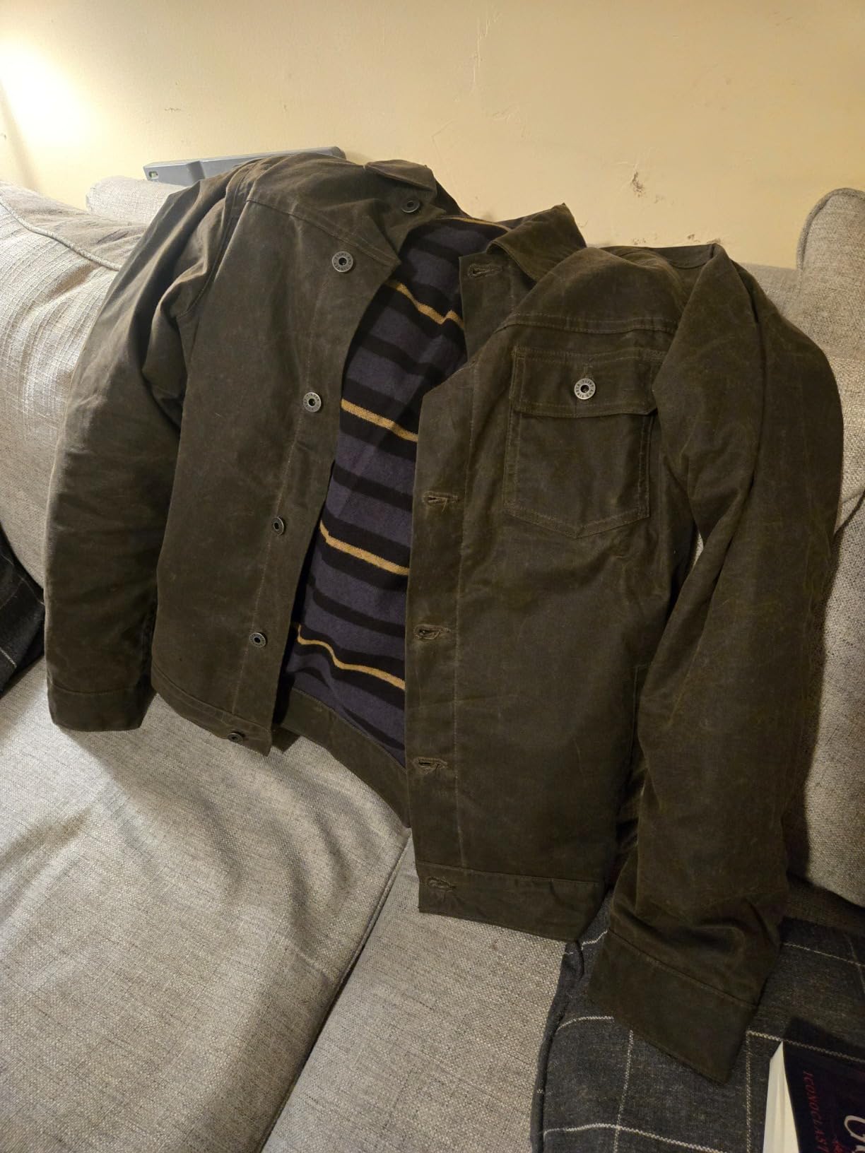 Huckberry Flint and Tinder Men's Flannel-Lined Waxed Trucker Jacket, Water & Weather Resistant Mens Jacket - Customer Photo 2