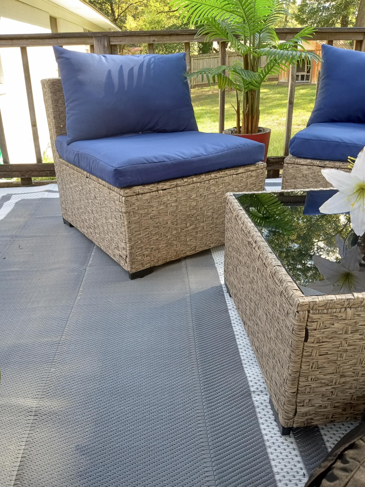 HappyTrends Outdoor Rug Reversible Portable Plastic Straw Camping Rugs for Outside RV,Large Waterproof Outdoor Area Rugs for Patio,Deck,Porch,Balcony(5'x 8',White&Gray) - Customer Photo 2