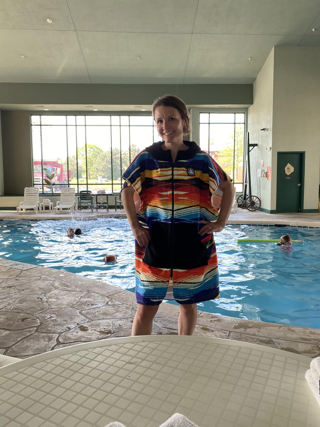 Pilotfish Surf Poncho Changing Robe Towel - Hooded, Zippered Towel Poncho for Beach, Surfing, Swimming | 2 Front Pockets, Machine Washable, (Blue Waves, Large) - Customer Photo 2