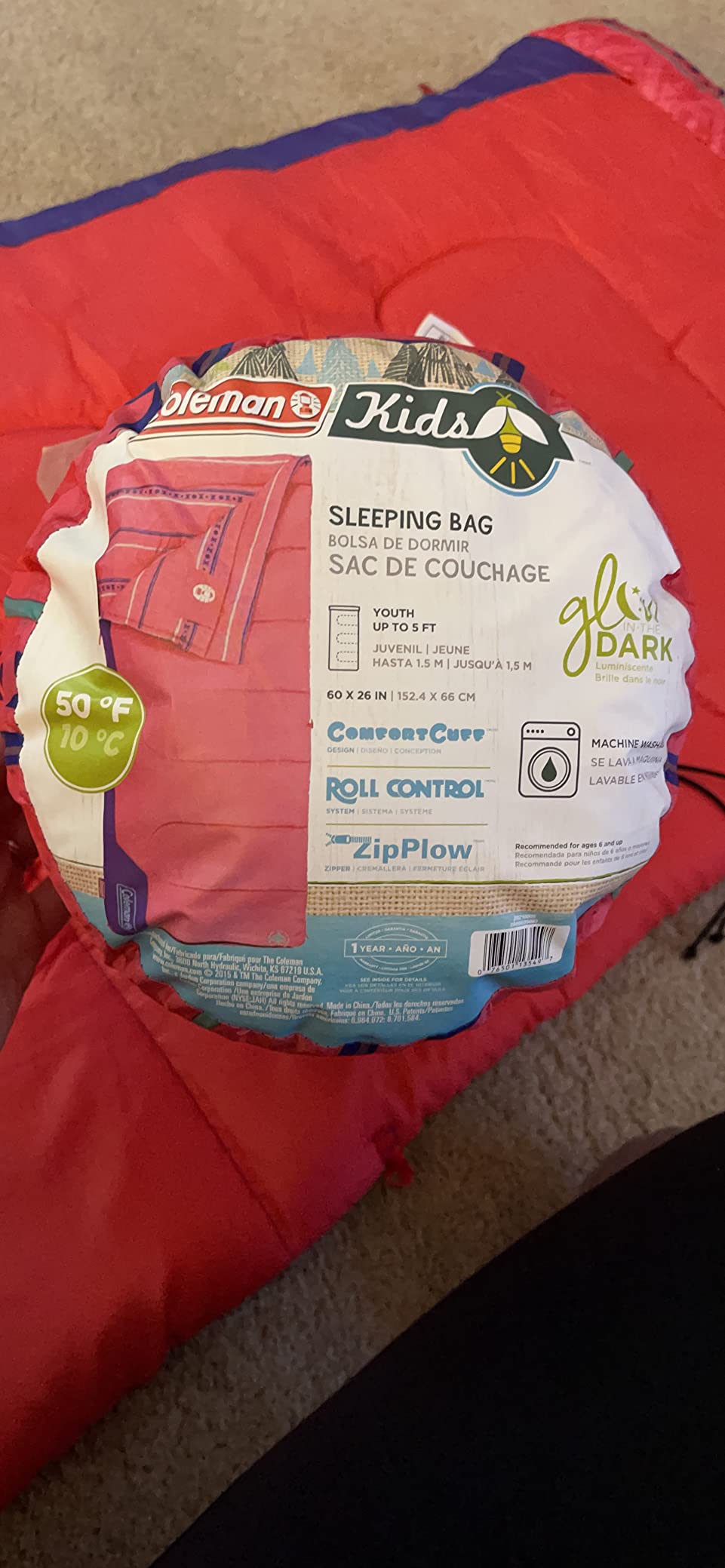 Coleman Kids 50°F Sleeping Bag, Comfortable Youth Sleeping Bag for Sleepovers & Camping, Fits Children up to 5ft Tall, Glow in The Dark Design, Stuff Sack Included, Machine Washable - Customer Photo 1